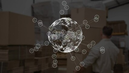 Poster - Animation of network of connections with digital icons, globe and cardboard boxes