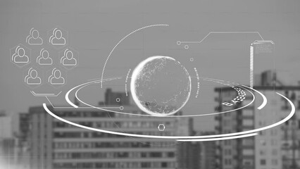 Poster - Animation of people icons over globe and cityscape