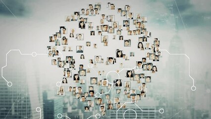 Poster - Animation of rotating photos of diverse people over cityscape