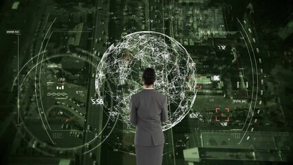 Poster - Animation of back of caucasian woman over screen with network of connections and globe