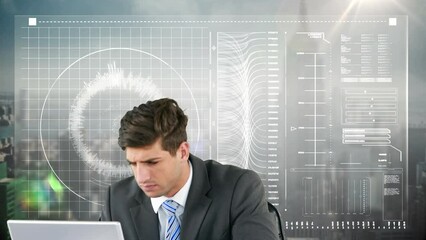Poster - Animation of stressed caucasian businessman working on laptop over screen with data and cityscape