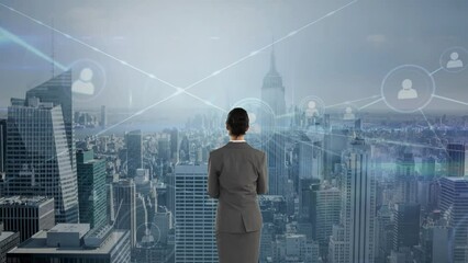 Poster - Animation of back of caucasian woman over screen with network of connections and cityscape