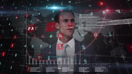 Poster - Animation of covid 19 text over data processing and caucasian businessman on black background