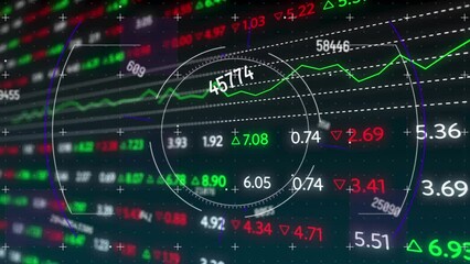 Poster - Animation of scope scanning and data processing over stock market on black background
