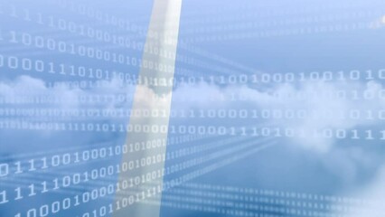 Poster - Animation of data processing over caucasian man, wind turbine and sky with clouds