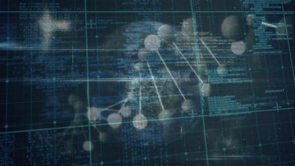Poster - Animation of dna strand over data processing and globe on black background