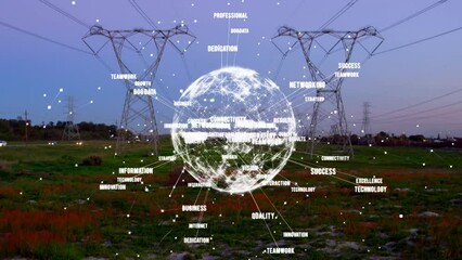 Poster - Animation of globe with texts over electricity pylons