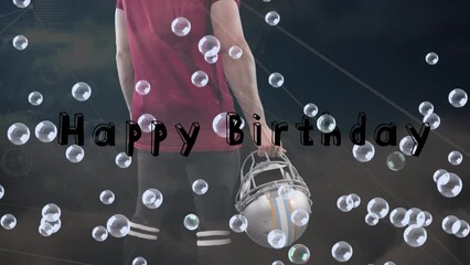 Sticker - Animation of happy birthday over caucasian male american football player with ball