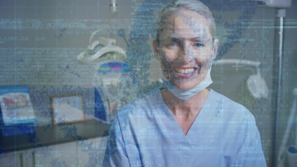 Poster - Animation of dna strand spinning and data processing over caucasian female doctor