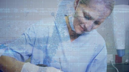 Poster - Animation of dna strand spinning and medical data processing over caucasian female dentist