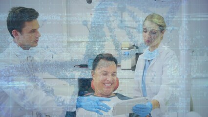 Poster - Animation of dna strand spinning and data processing over caucasian dentists using tablet