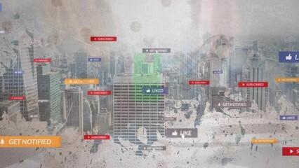Poster - Animation of media icons over cityscape