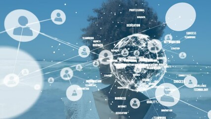 Poster - Animation of network of connections with icons over african american woman at beach
