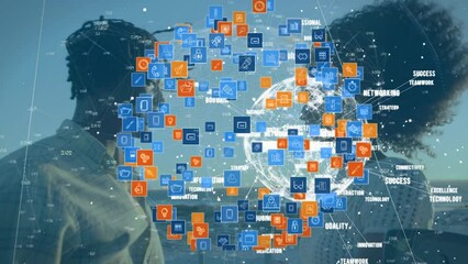 Poster - Animation of network of connections with media icons over african american couple