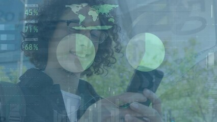 Poster - Animation of data processing over biracial man using smartphone