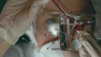 Poster - Animation of molecules over caucasian female scientist pouring liquid into laboratory beaker