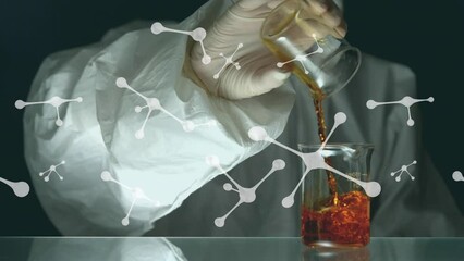 Poster - Animation of molecules spinning over scientist pouring liquid into laboratory beaker