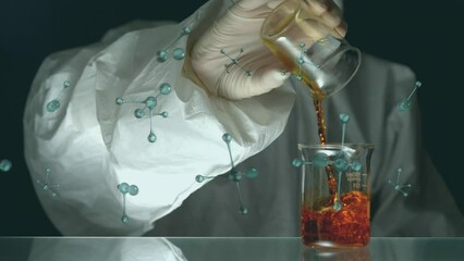 Poster - Animation of molecules spinning over scientist pouring liquid into laboratory beaker