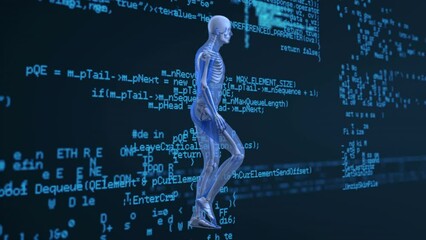 Poster - Animation of walking human model over data processing in blue and black space