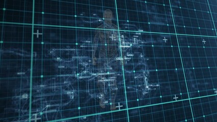 Poster - Animation of walking human model over checked dark blue space