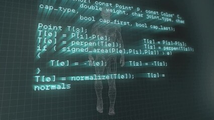 Poster - Animation of data processing over walking human model in dark green space