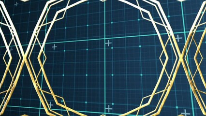 Poster - Animation of changing geometrical shapes over checked blue space