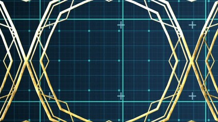 Poster - Animation of changing geometrical shapes over checked blue space
