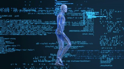 Poster - Animation of walking human model over data processing in blue and black space