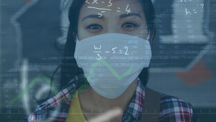 Poster - Animation of data processing over biracial woman in face mask