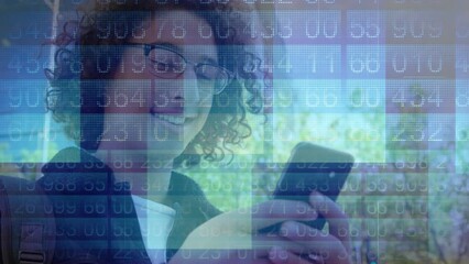 Poster - Animation of financial data processing over caucasian man using smartphone