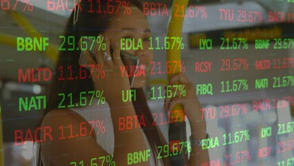 Poster - Animation of financial data processing over asian woman using smartphone