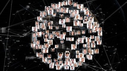 Poster - Animation of globe with network of connections and people's photos