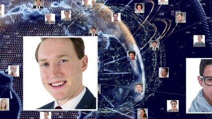Poster - Animation of globe with network of connections and people's photos