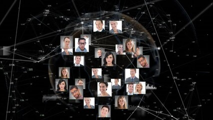 Poster - Animation of globe with network of connections and people's photos