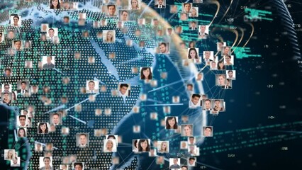 Poster - Animation of globe of network of connections with people's photos