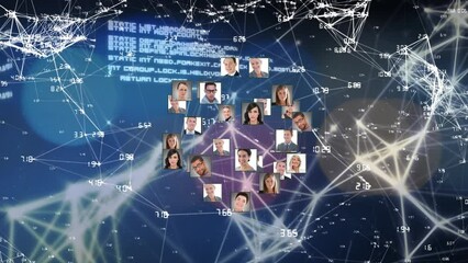 Poster - Animation of globe of network of connections with people's photos and data processing