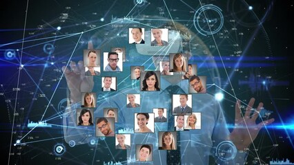 Poster - Animation of globe of network of connections with people's photos and businessman in vr headset
