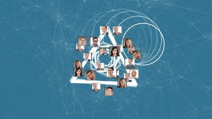 Poster - Animation of globe of network of connections with people's photos and geometric figures