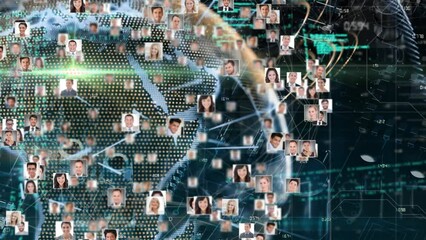 Poster - Animation of globe of network of connections with people's photos