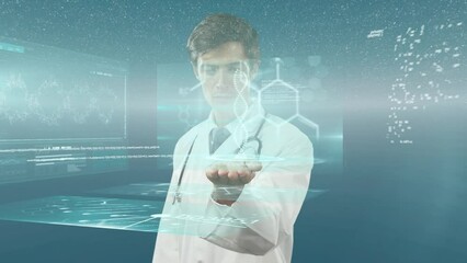 Poster - Animation of data processing over caucasian male doctor