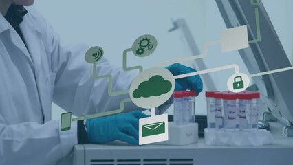 Poster - Animation of network of connections over male caucasian scientist in laboratory