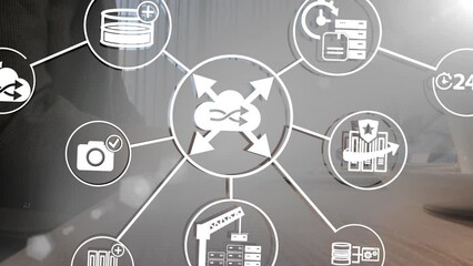 Poster - Animation of network with icons and hands of caucasian man using laptop
