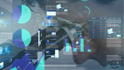 Poster - Animation of diverse data and graphs over caucasian man using microscope