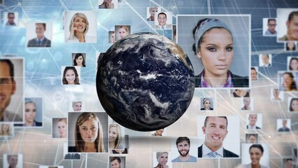 Poster - Animation of globe with network of connections and business people photos