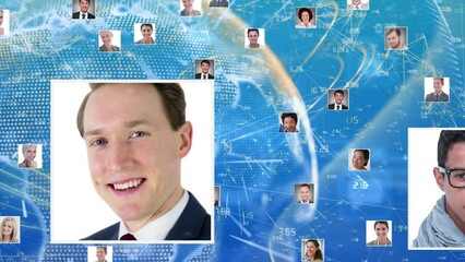 Poster - Animation of globe with network of connections and business people photos