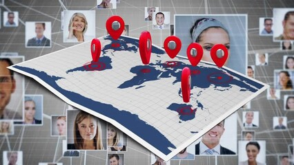 Poster - Animation of map with location pins, globe with network of connections and business people photos
