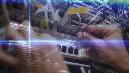 Poster - Animation of data processing over hands of caucasian man with wires at server