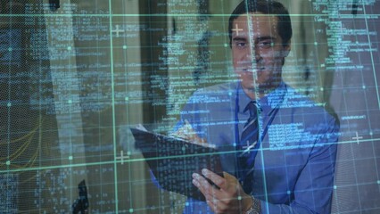 Poster - Animation of data processing over happy biracial man making notes