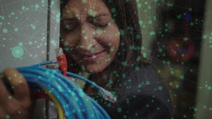 Poster - Animation of network of connections over crying caucasian woman with wires standing at server