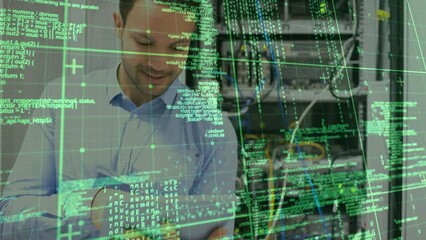 Poster - Animation of data processing over smiling caucasian man standing at server and using tablet